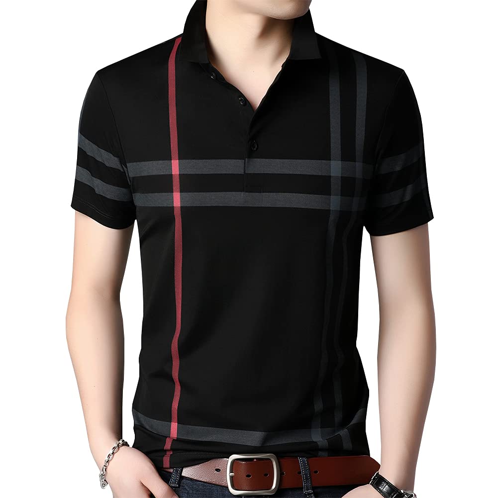 Mens Casual Striped Short Sleeve Collared T Shirt Polo Shirts