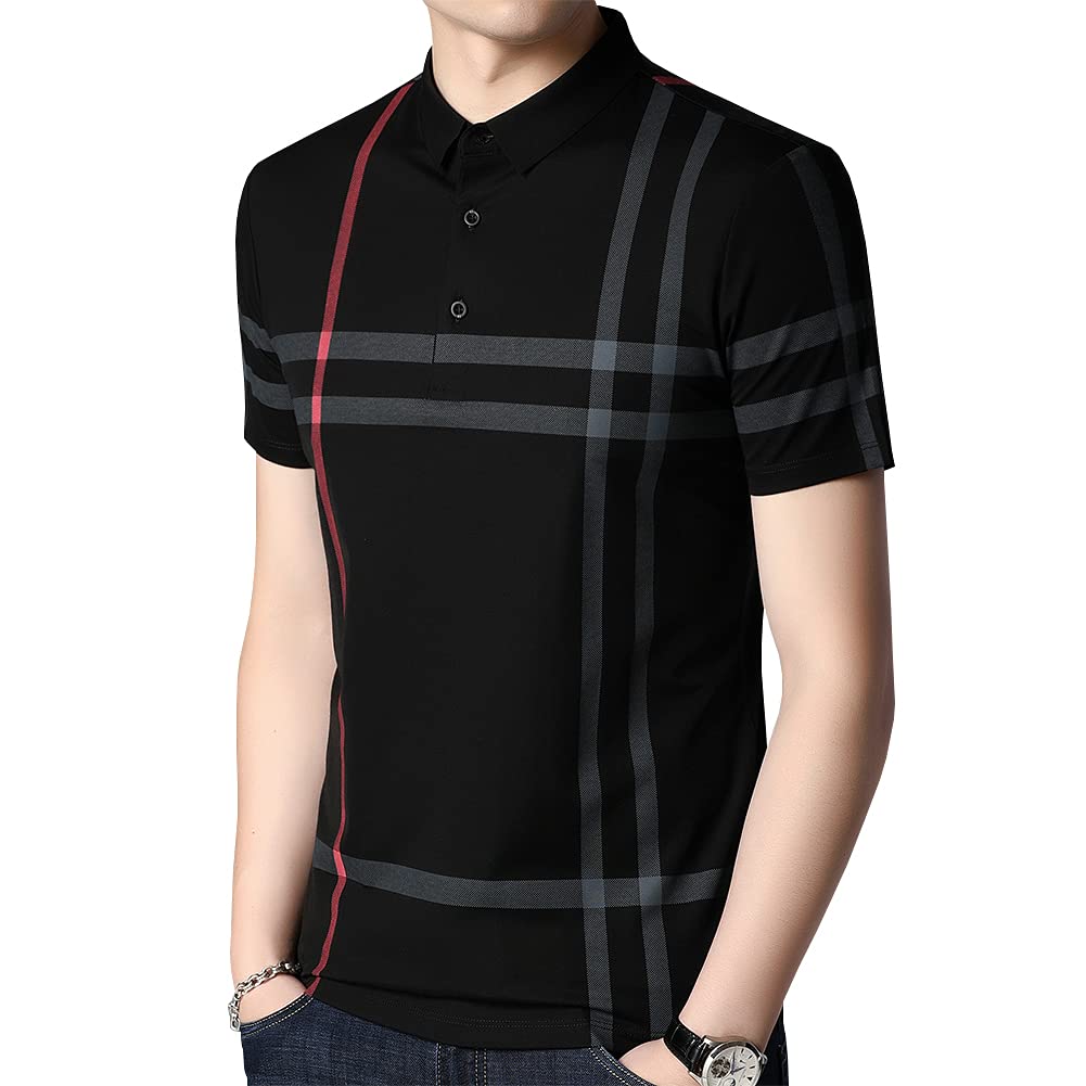 Mens Casual Striped Short Sleeve Collared T Shirt Polo Shirts