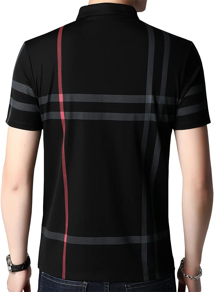 Mens Casual Striped Short Sleeve Collared T Shirt Polo Shirts