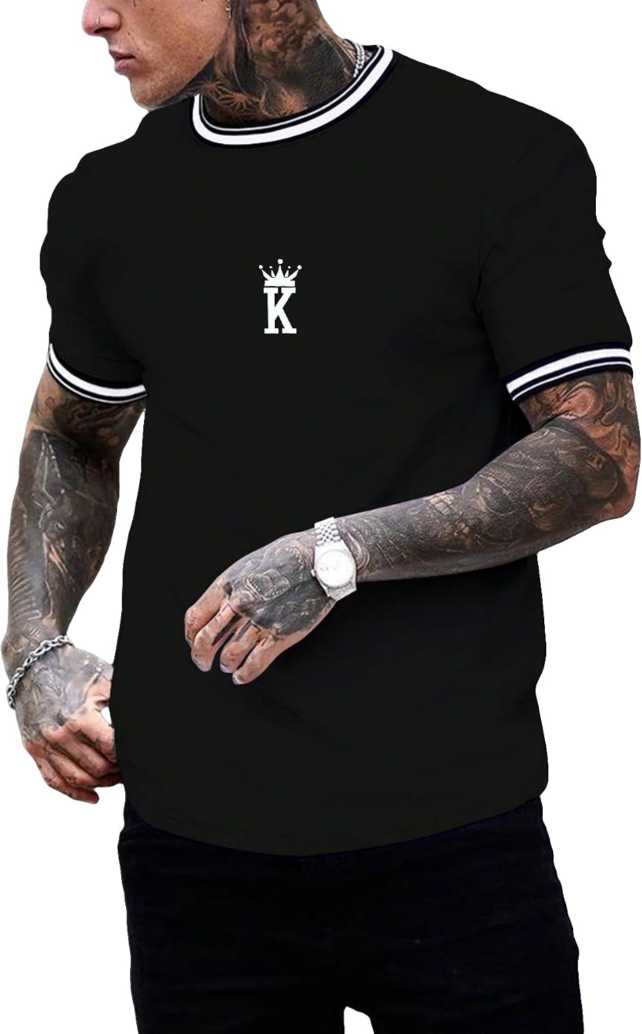 SOLY HUX Men's Crown Graphic Tshirt Short Sleeve Tees Summer Tops | Letter Print, Crew Neck, Striped Trim