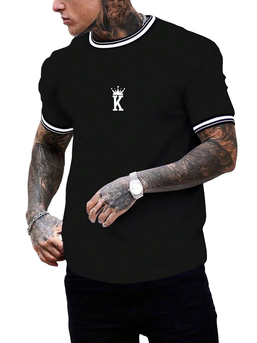 SOLY HUX Men's Crown Graphic Tshirt Short Sleeve Tees Summer Tops | Letter Print, Crew Neck, Striped Trim
