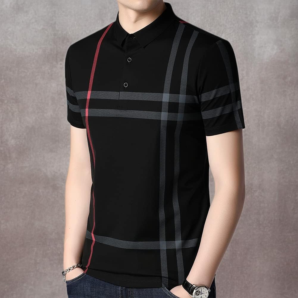 Mens Casual Striped Short Sleeve Collared T Shirt Polo Shirts