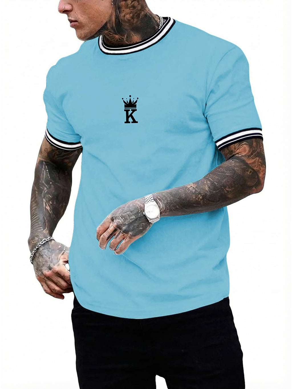 SOLY HUX Men's Crown Graphic Tshirt Short Sleeve Tees Summer Tops | Letter Print, Crew Neck, Striped Trim