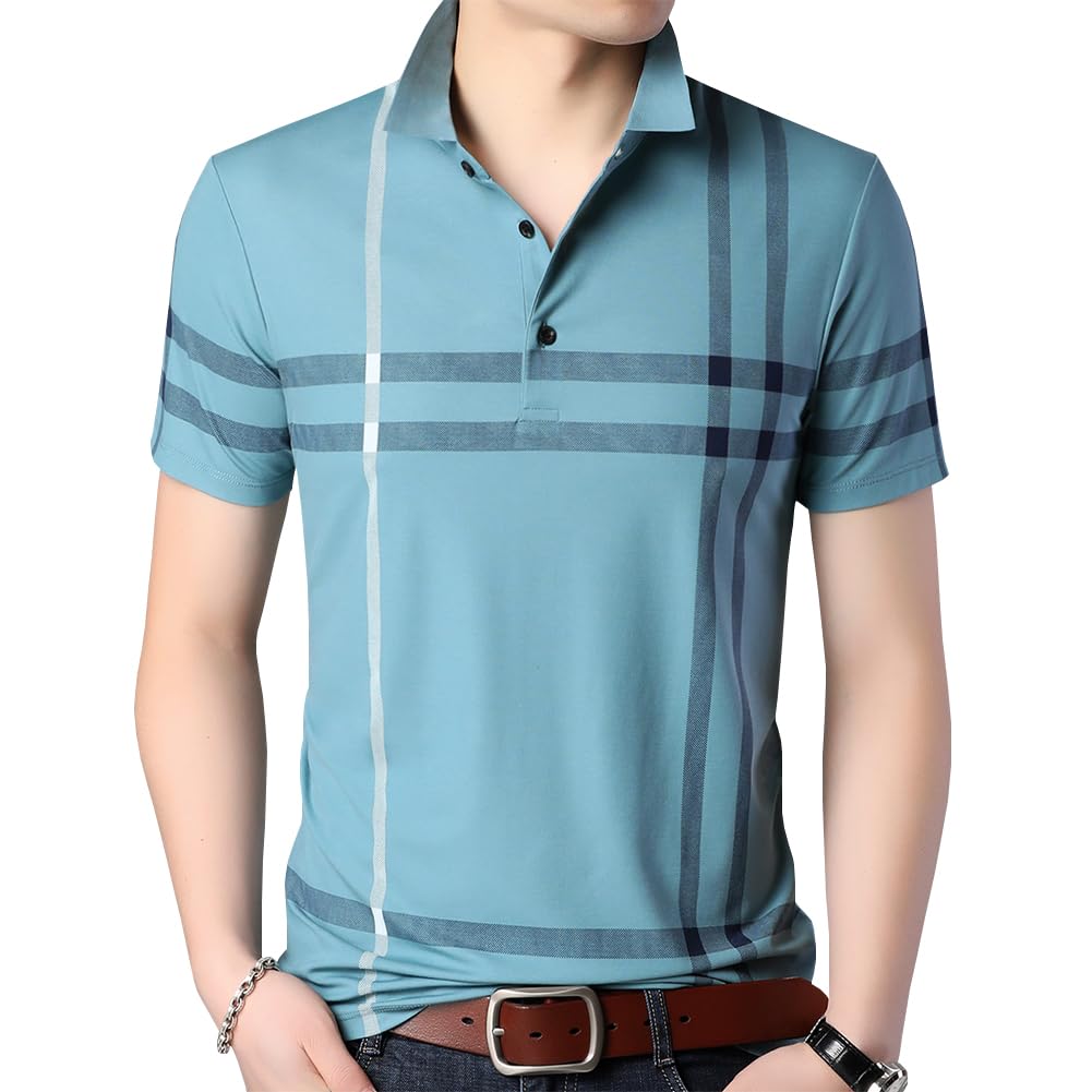 Mens Casual Striped Short Sleeve Collared T Shirt Polo Shirts