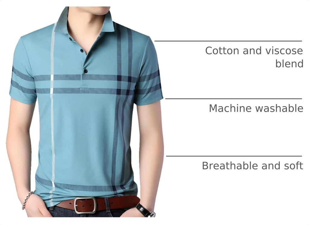 Mens Casual Striped Short Sleeve Collared T Shirt Polo Shirts
