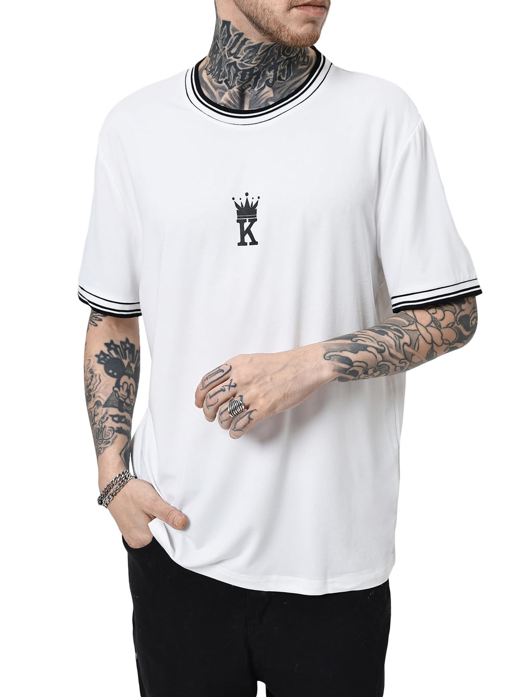 SOLY HUX Men's Crown Graphic Tshirt Short Sleeve Tees Summer Tops | Letter Print, Crew Neck, Striped Trim