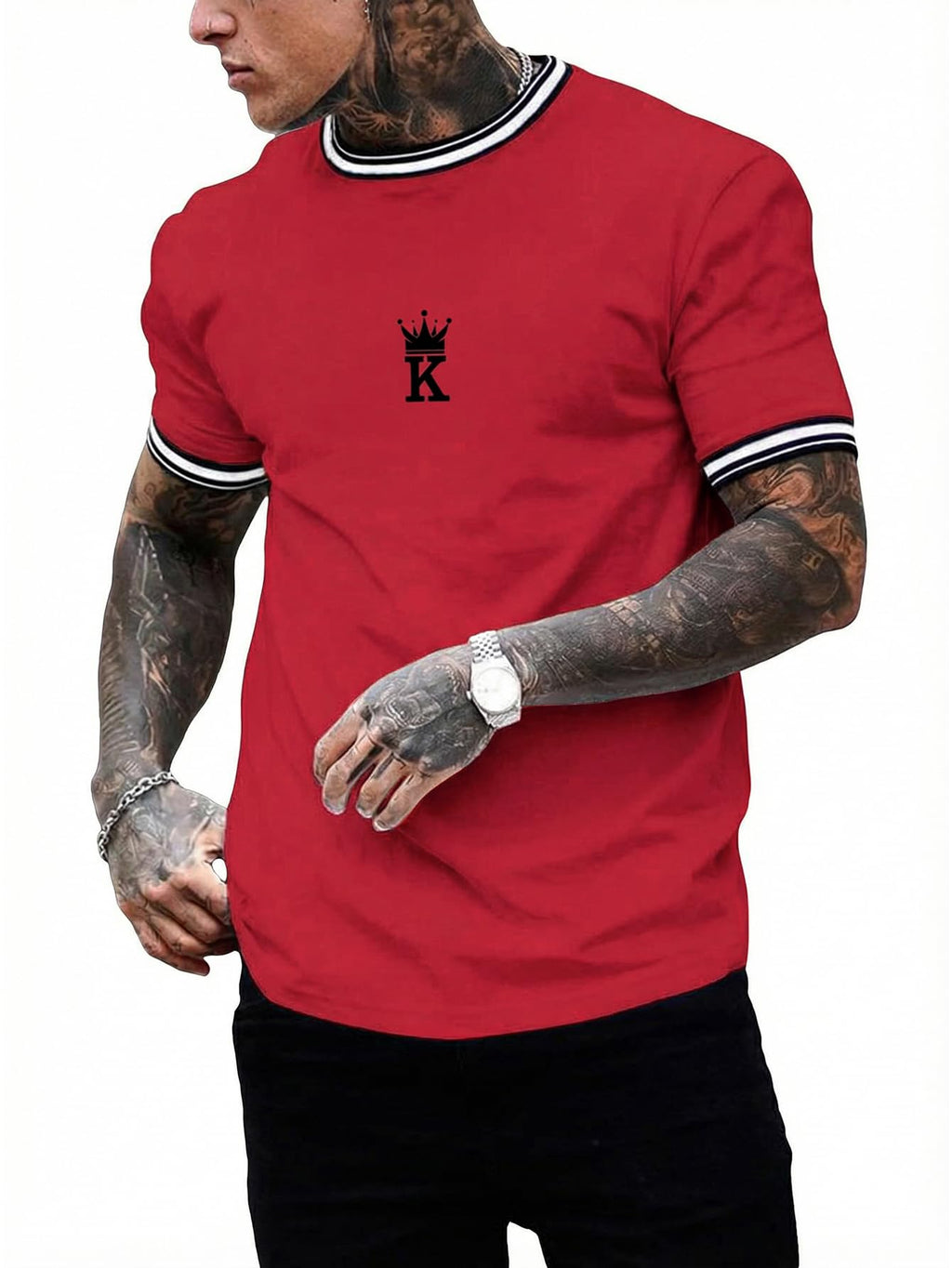 SOLY HUX Men's Crown Graphic Tshirt Short Sleeve Tees Summer Tops | Letter Print, Crew Neck, Striped Trim