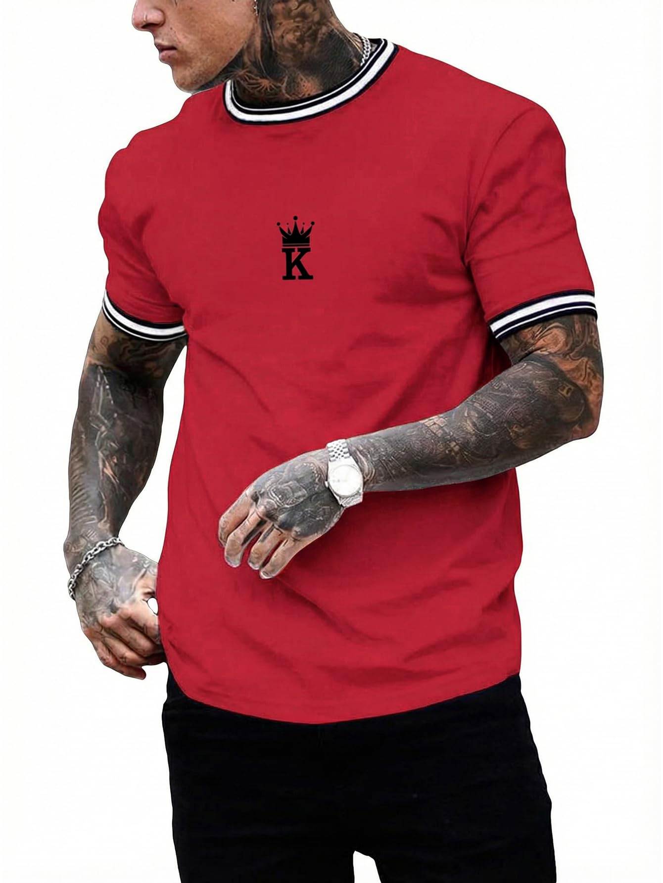 SOLY HUX Men's Crown Graphic Tshirt Short Sleeve Tees Summer Tops | Letter Print, Crew Neck, Striped Trim