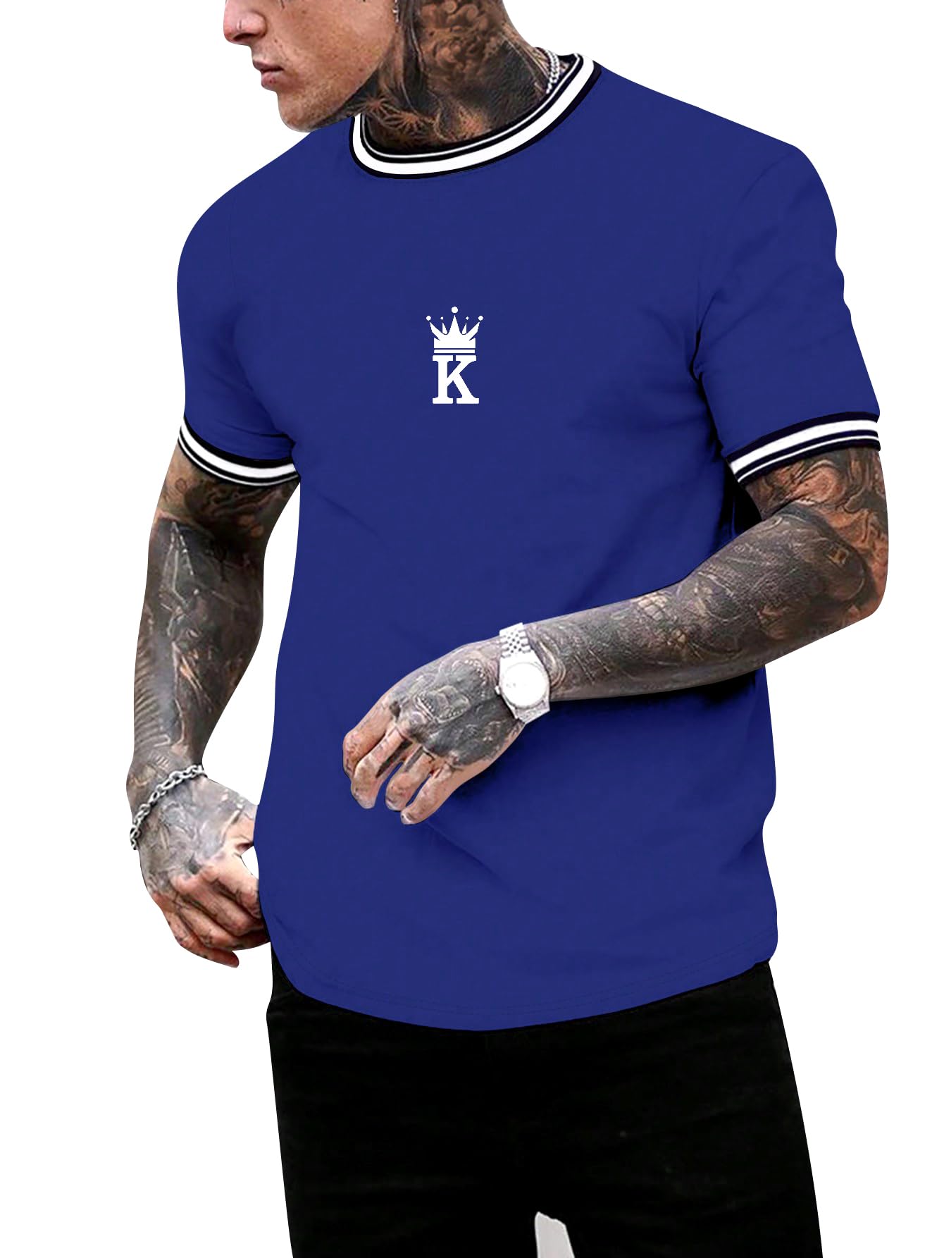 SOLY HUX Men's Crown Graphic Tshirt Short Sleeve Tees Summer Tops | Letter Print, Crew Neck, Striped Trim