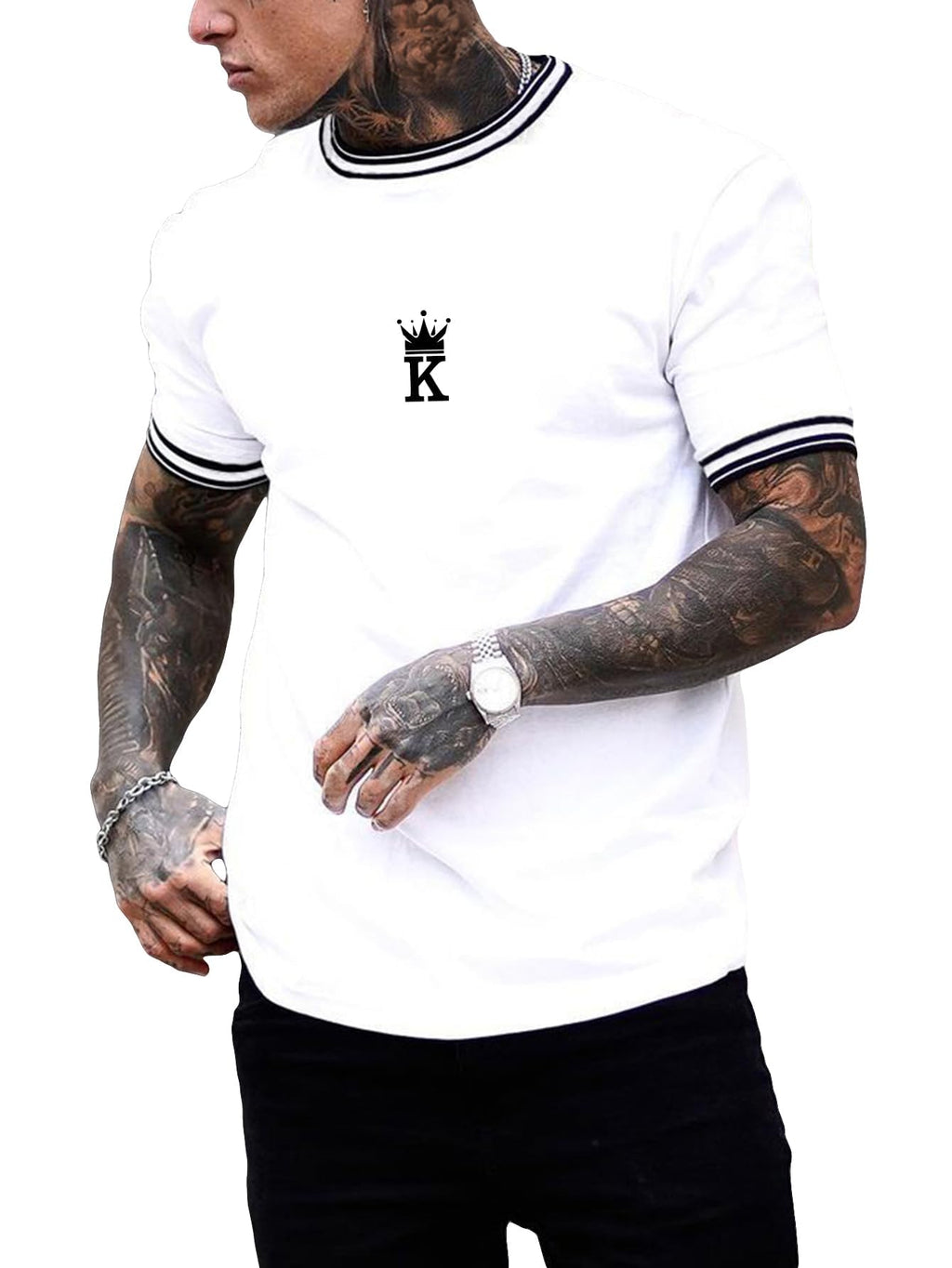 SOLY HUX Men's Crown Graphic Tshirt Short Sleeve Tees Summer Tops | Letter Print, Crew Neck, Striped Trim