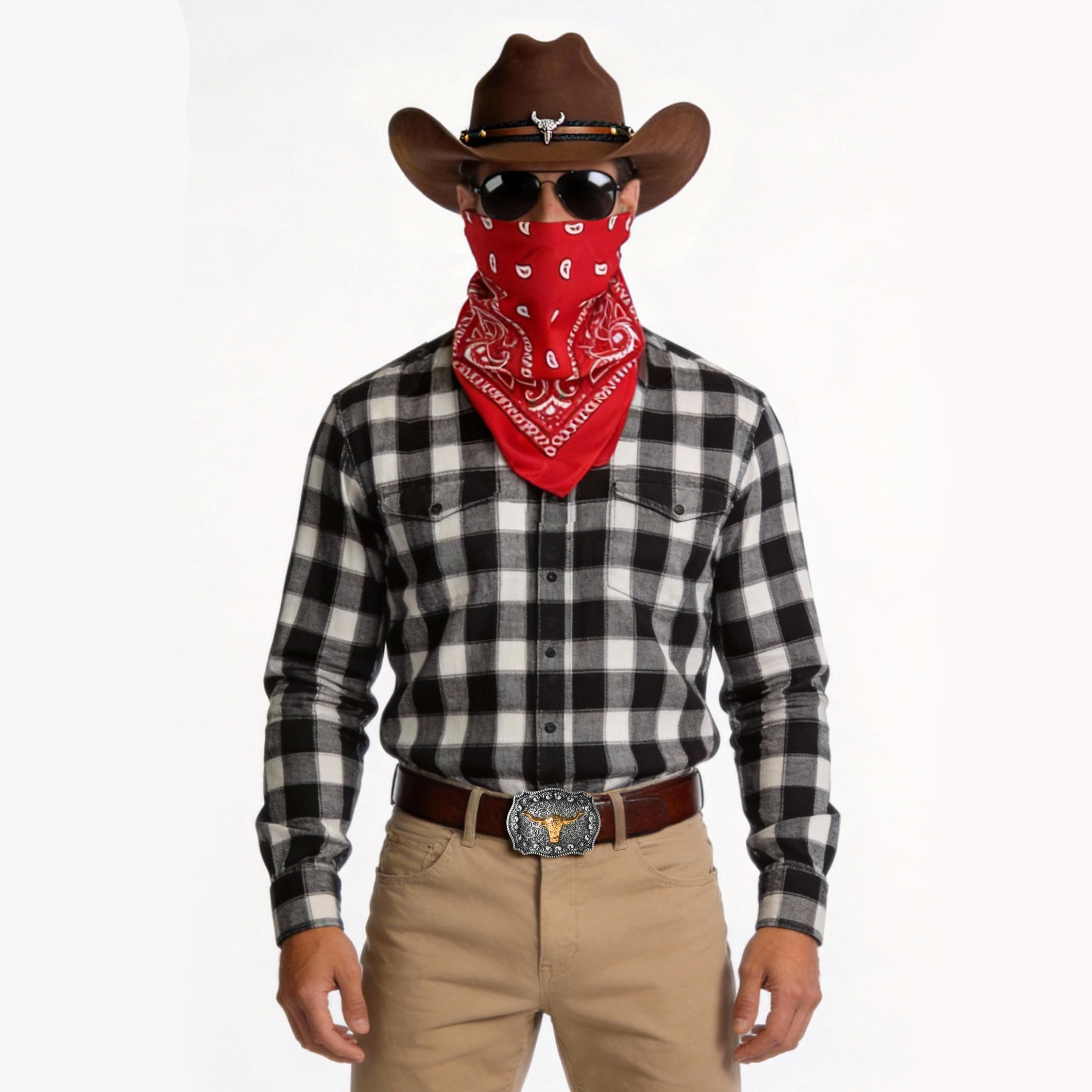 Western Cowboy Costume Outfit for Men Cowboy Hat Belt Neck Gaiter Face Cover Accessories for Halloween Party Cosplay