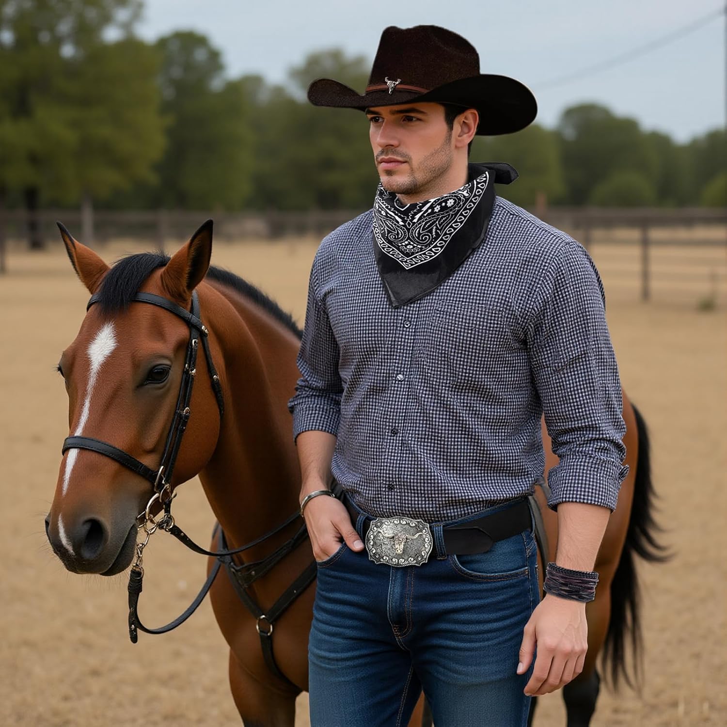 Western Cowboy Costume Outfit for Men Cowboy Hat Belt Neck Gaiter Face Cover Accessories for Halloween Party Cosplay