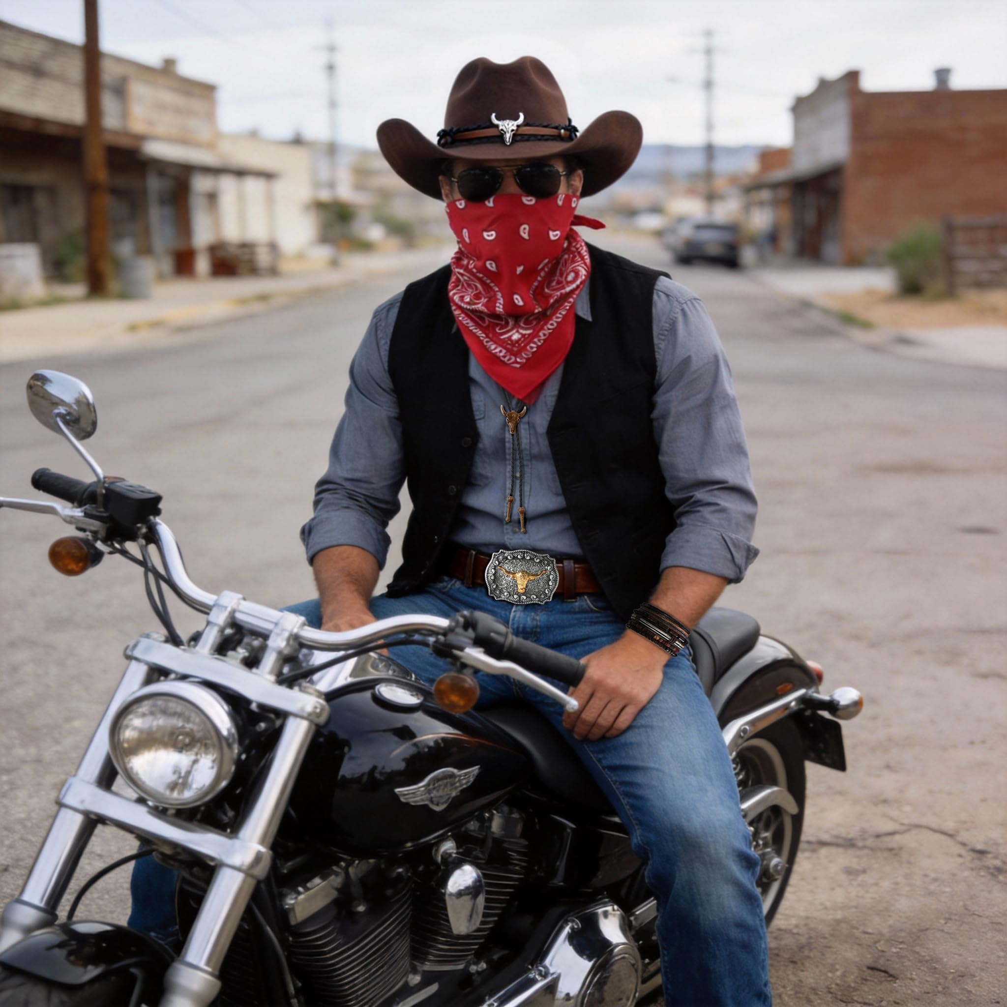 Western Cowboy Costume Outfit for Men Cowboy Hat Belt Neck Gaiter Face Cover Accessories for Halloween Party Cosplay