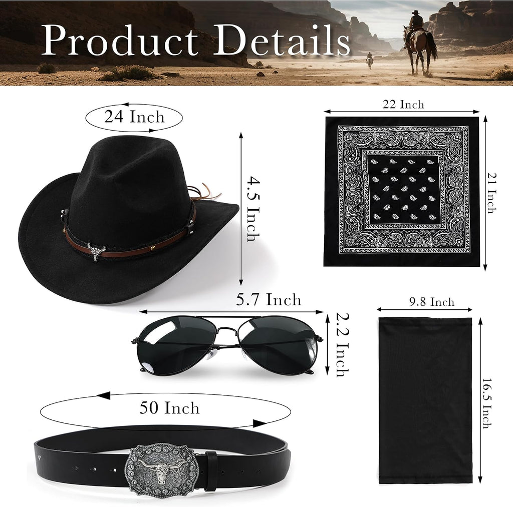 Western Cowboy Costume Outfit for Men Cowboy Hat Belt Neck Gaiter Face Cover Accessories for Halloween Party Cosplay