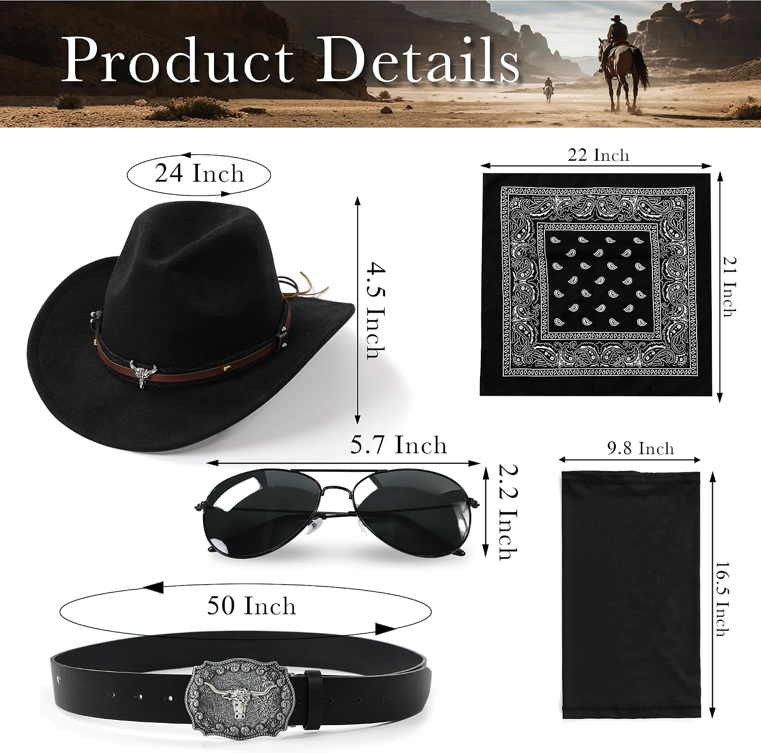Western Cowboy Costume Outfit for Men Cowboy Hat Belt Neck Gaiter Face Cover Accessories for Halloween Party Cosplay