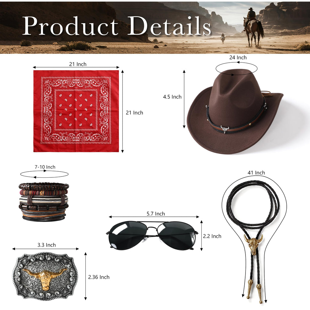 Western Cowboy Costume Outfit for Men Cowboy Hat Belt Neck Gaiter Face Cover Accessories for Halloween Party Cosplay