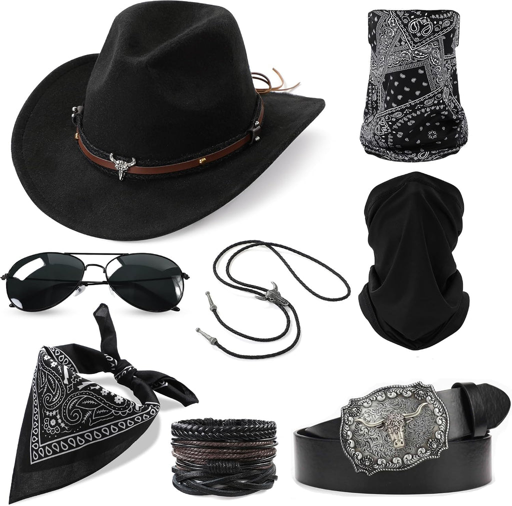 Western Cowboy Costume Outfit for Men Cowboy Hat Belt Neck Gaiter Face Cover Accessories for Halloween Party Cosplay