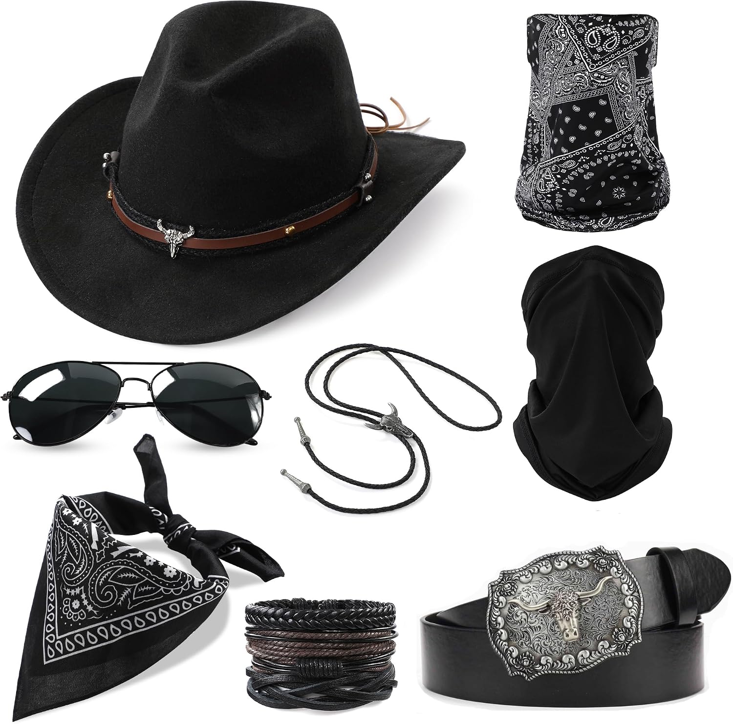 Western Cowboy Costume Outfit for Men Cowboy Hat Belt Neck Gaiter Face Cover Accessories for Halloween Party Cosplay