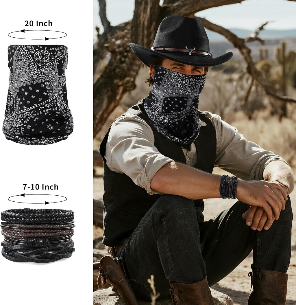 Western Cowboy Costume Outfit for Men Cowboy Hat Belt Neck Gaiter Face Cover Accessories for Halloween Party Cosplay