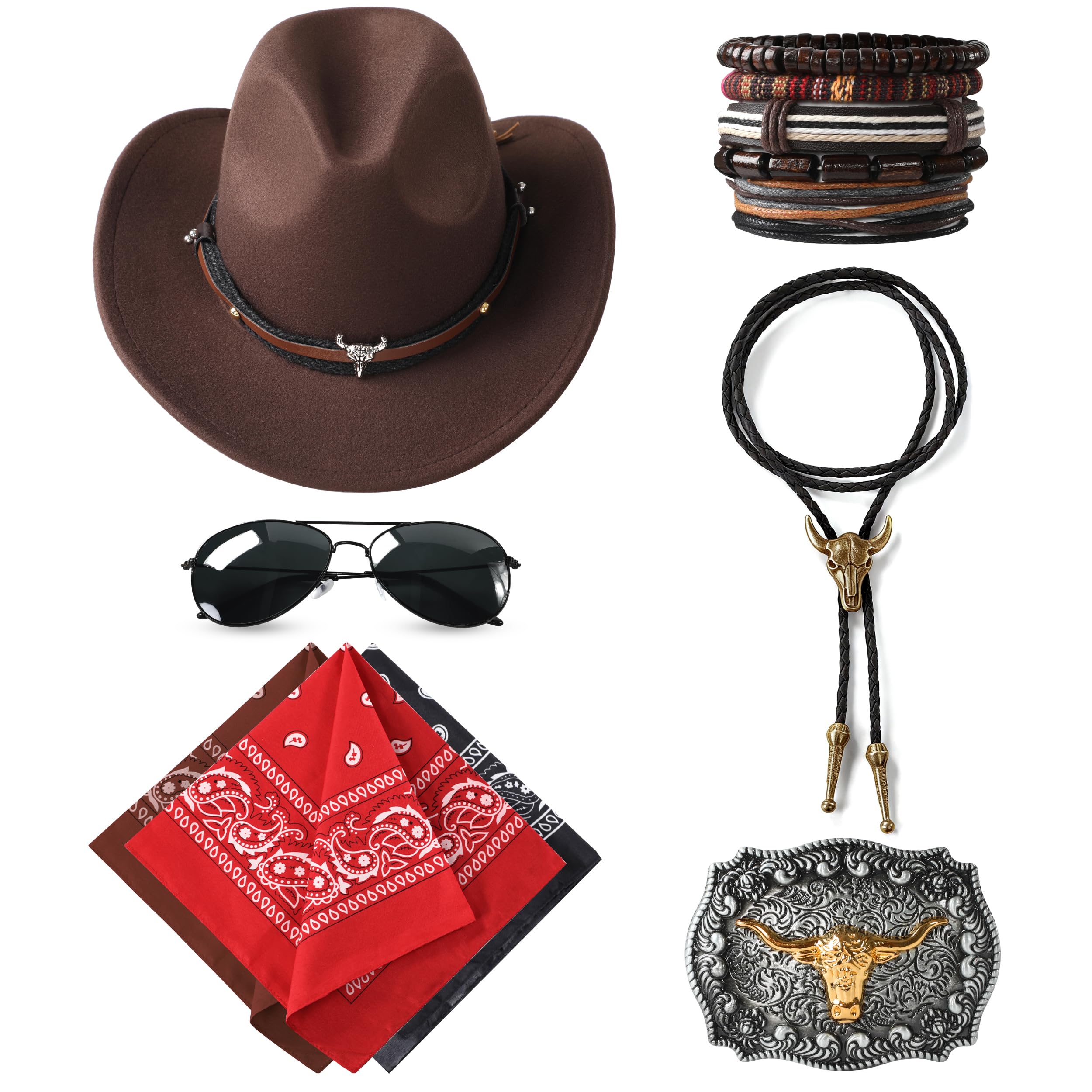 Western Cowboy Costume Outfit for Men Cowboy Hat Belt Neck Gaiter Face Cover Accessories for Halloween Party Cosplay