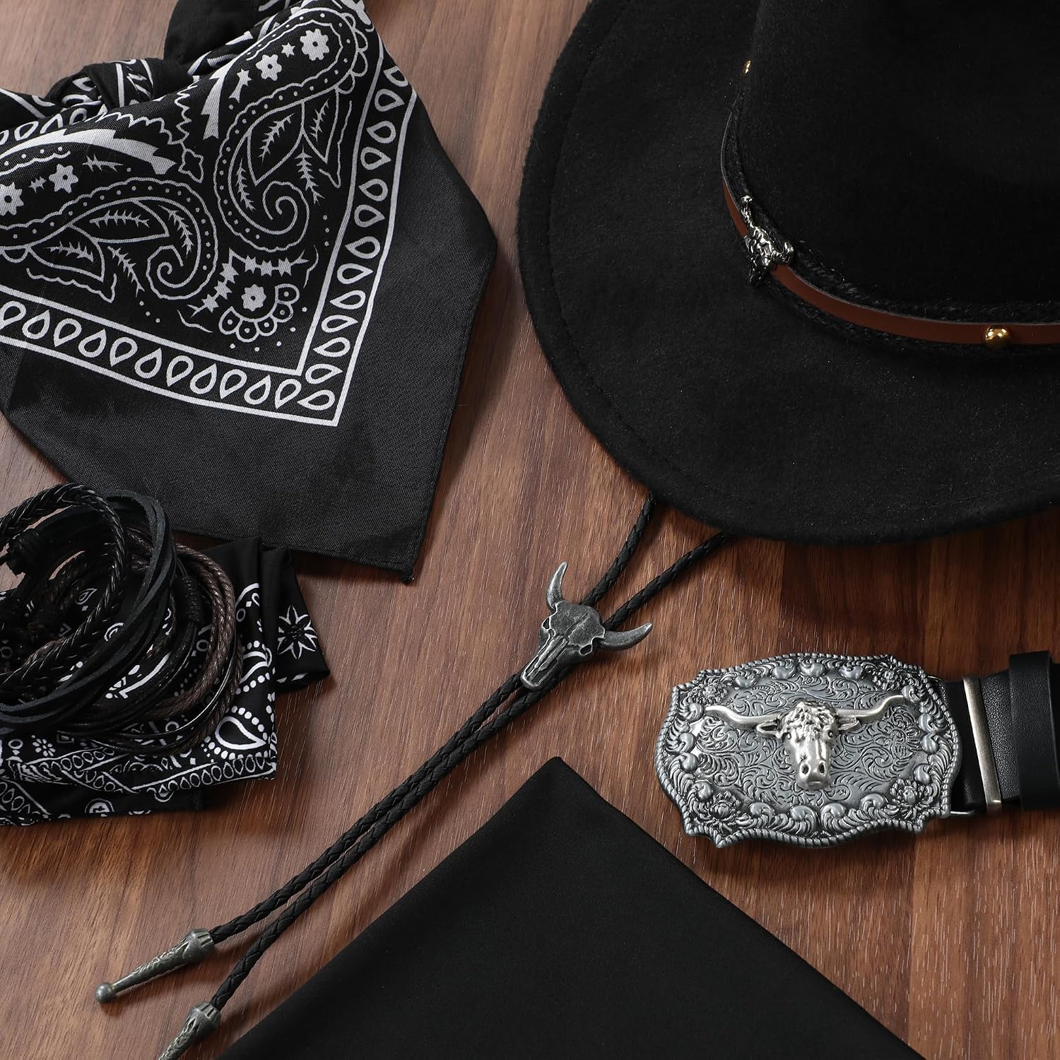 Western Cowboy Costume Outfit for Men Cowboy Hat Belt Neck Gaiter Face Cover Accessories for Halloween Party Cosplay