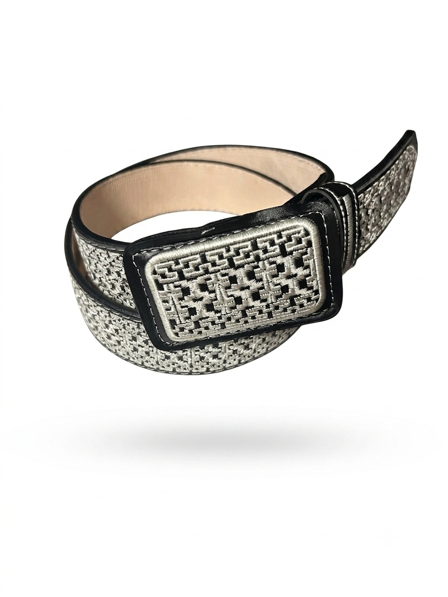 Black and silver ebroidered leather belt