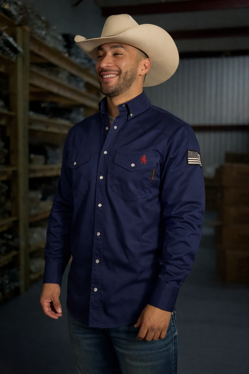 FR Western Style Pearl snap - Navy - With U.S Flag